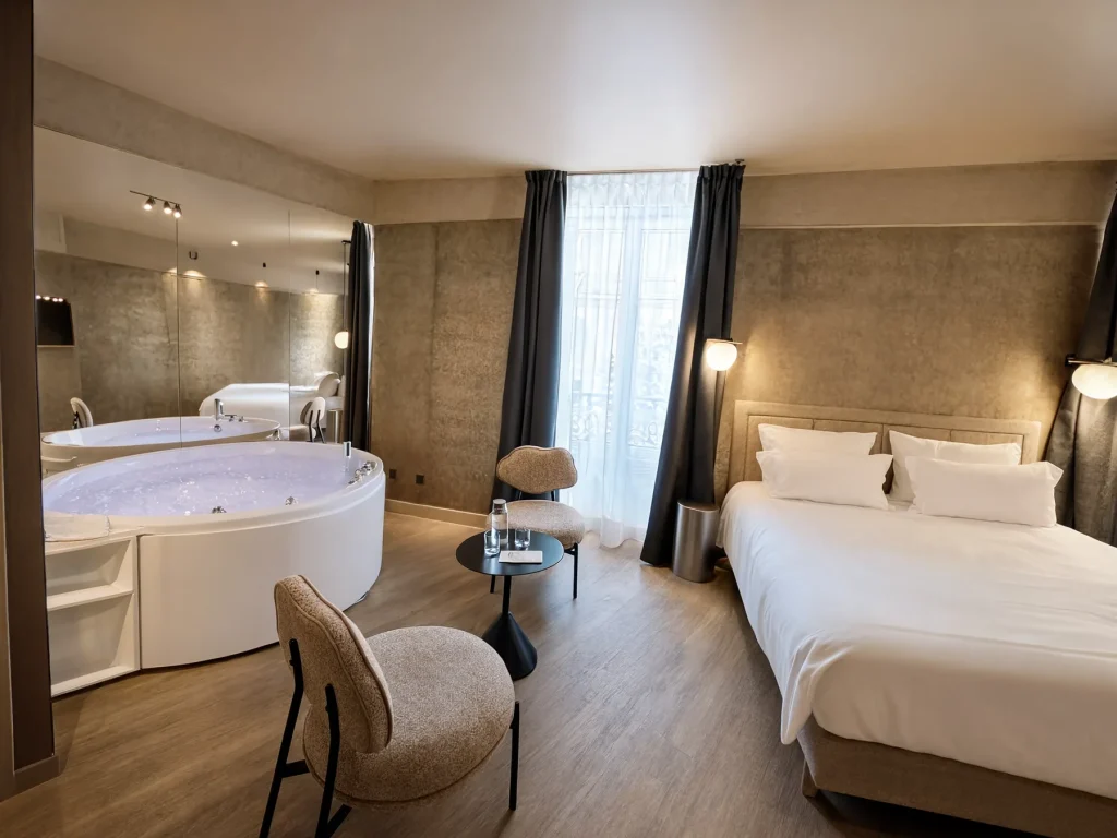 Chambre Romance de l’Hôtel Flore avec baignoire balnéo